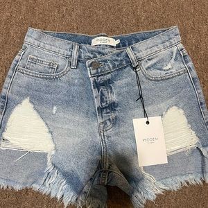 crossover waist denim shorts